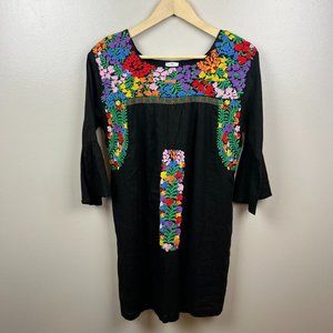 J. Marie Oaxaca Floral Embroidered Dress Size XS Linen Blend Black Flare Sleeves